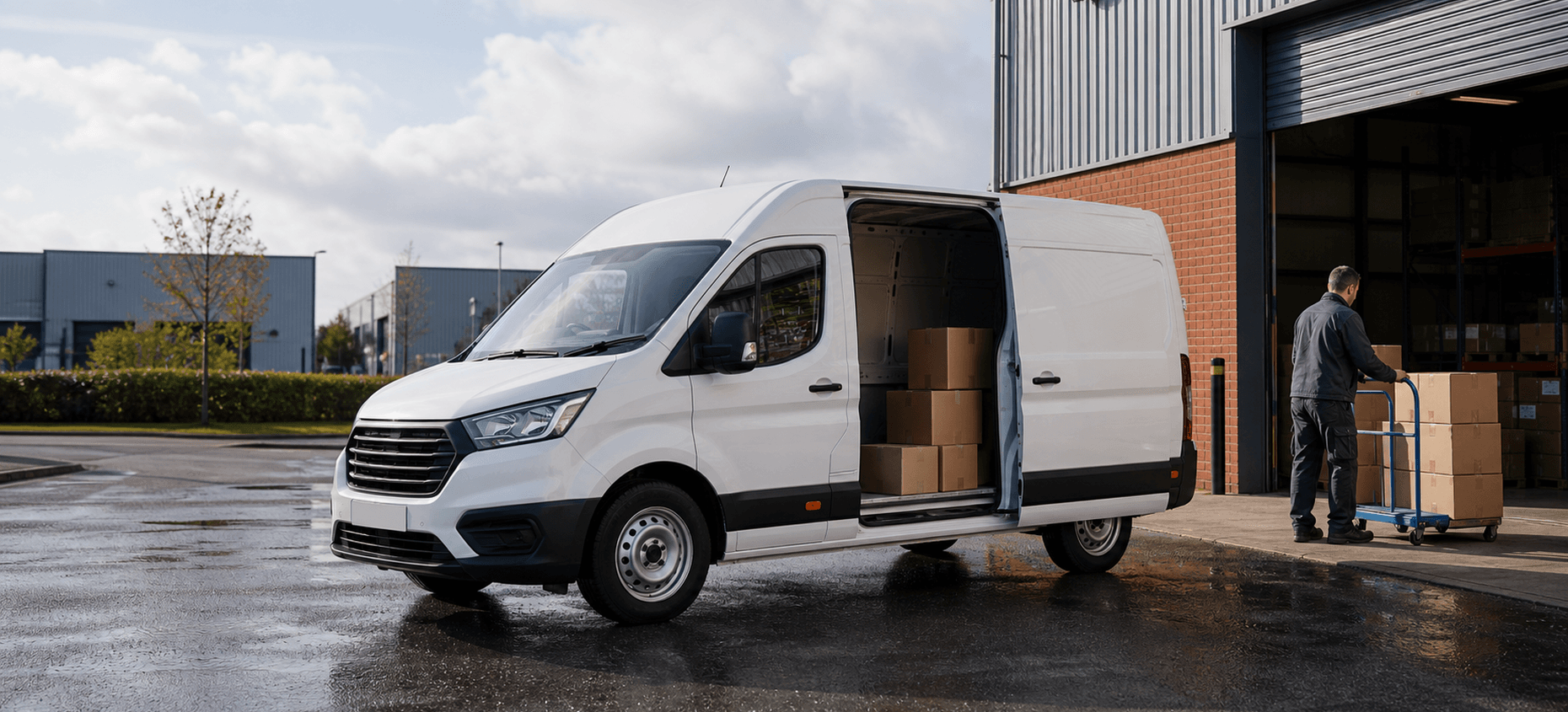 Modern self-drive rental van ready for loading in Preston